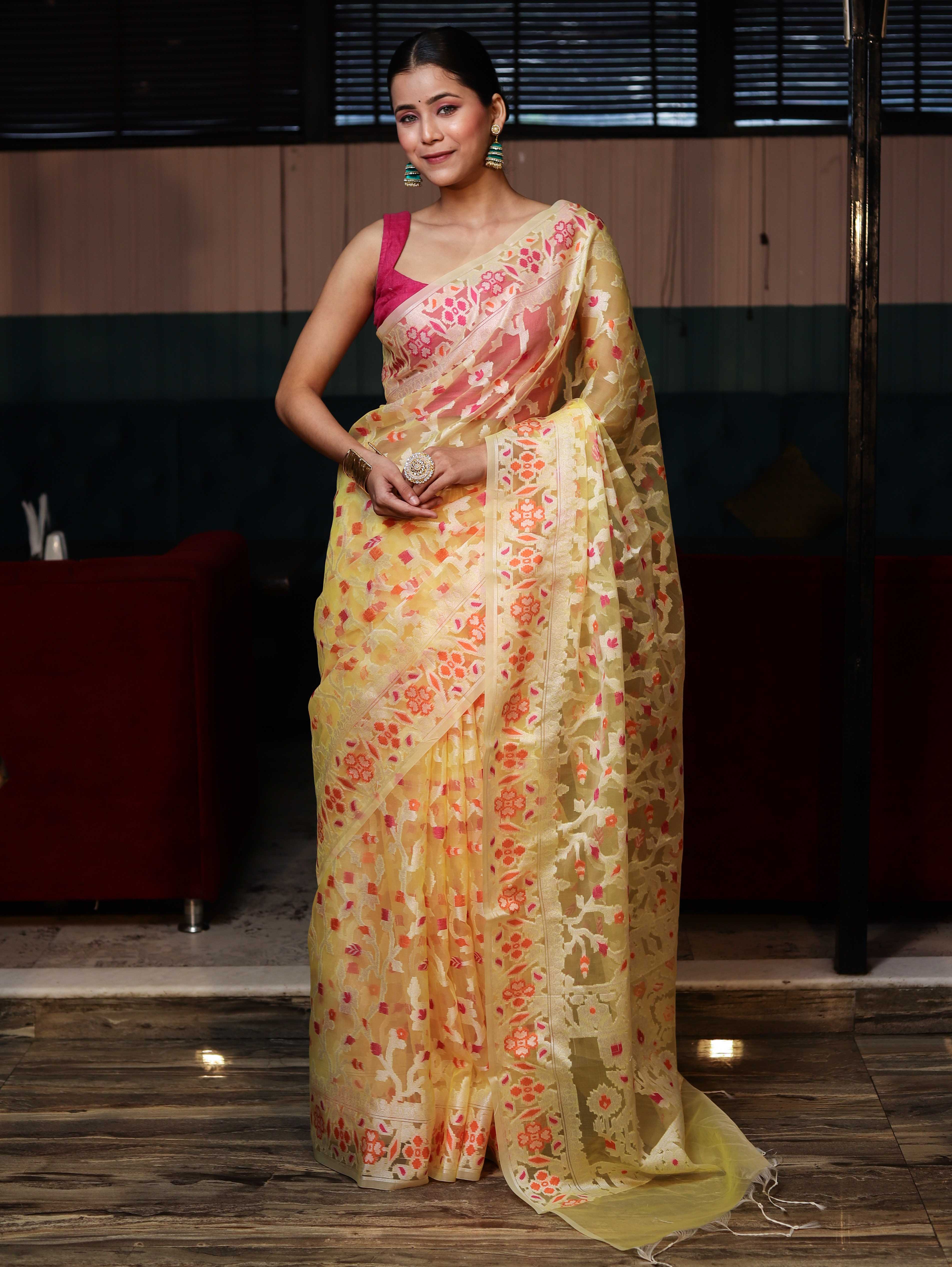 Banarasee Organza Mix Saree With Zari Jaal Design-Yellow