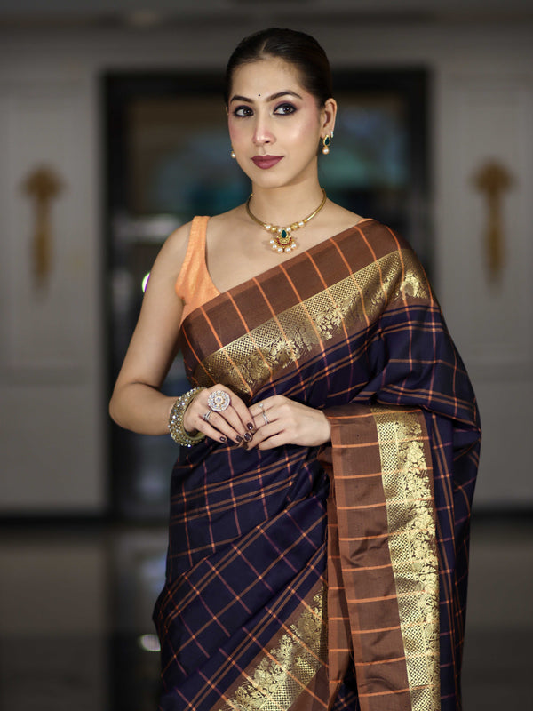 Banarasee Handloom Semi Silk Saree With Checks Pattern & Contrast Border-Violet & Brown