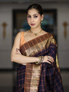 Banarasee Handloom Semi Silk Saree With Checks Pattern & Contrast Border-Violet & Brown