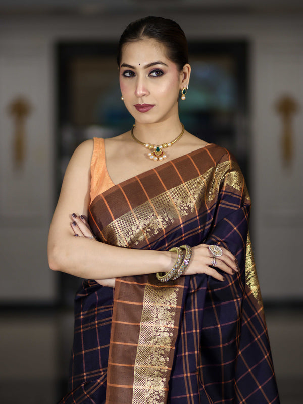 Banarasee Handloom Semi Silk Saree With Checks Pattern & Contrast Border-Violet & Brown