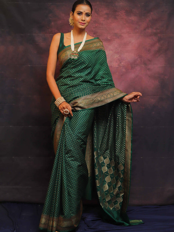 Banarasee Semi-Chiffon Antique Zari Saree-Green