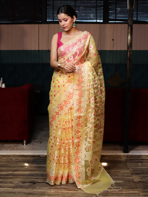 Banarasee Organza Mix Saree With Zari Jaal Design-Yellow