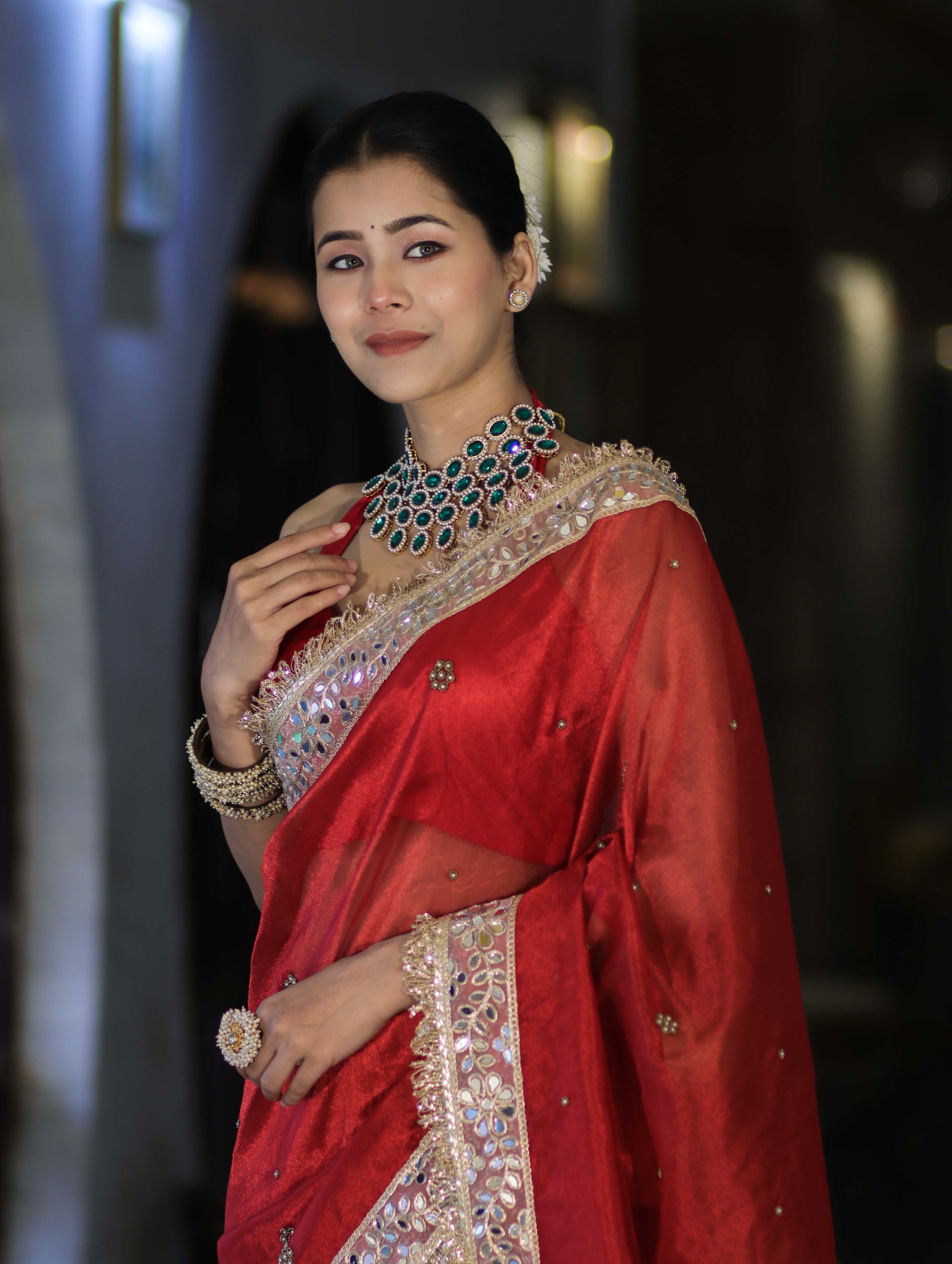 Banarasee Tissue Saree With Handwoven Motifs & Mirror Work Lace-Deep Red