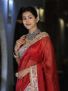 Banarasee Tissue Saree With Handwoven Motifs & Mirror Work Lace-Deep Red