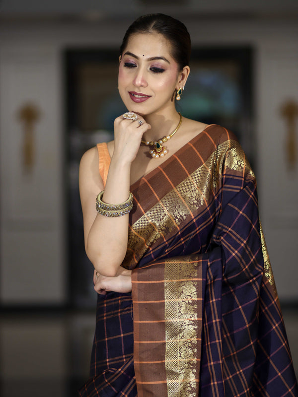 Banarasee Handloom Semi Silk Saree With Checks Pattern & Contrast Border-Violet & Brown