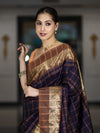 Banarasee Handloom Semi Silk Saree With Checks Pattern & Contrast Border-Violet & Brown