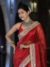 Banarasee Tissue Saree With Handwoven Motifs & Mirror Work Lace-Deep Red