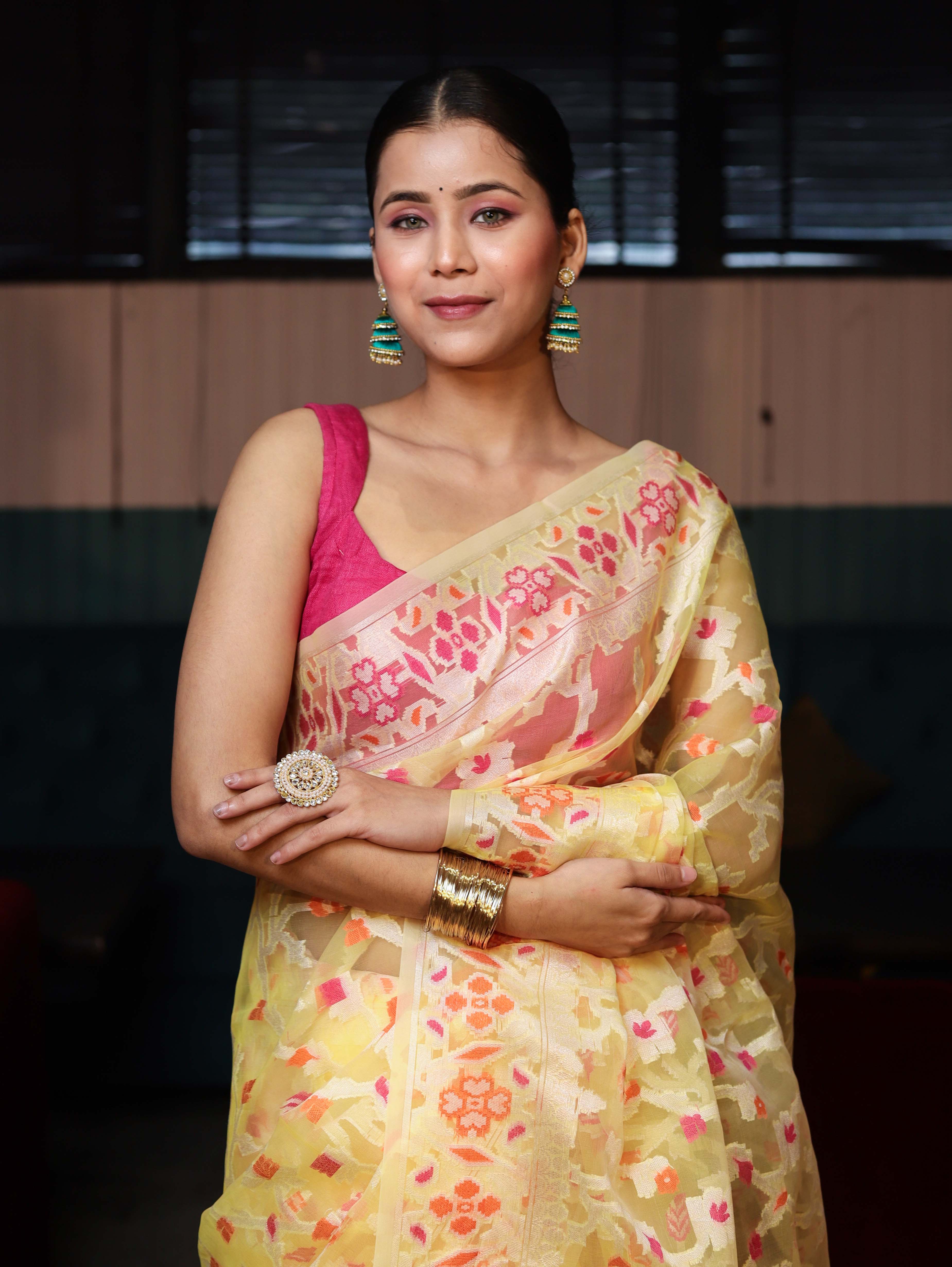 Banarasee Organza Mix Saree With Zari Jaal Design-Yellow