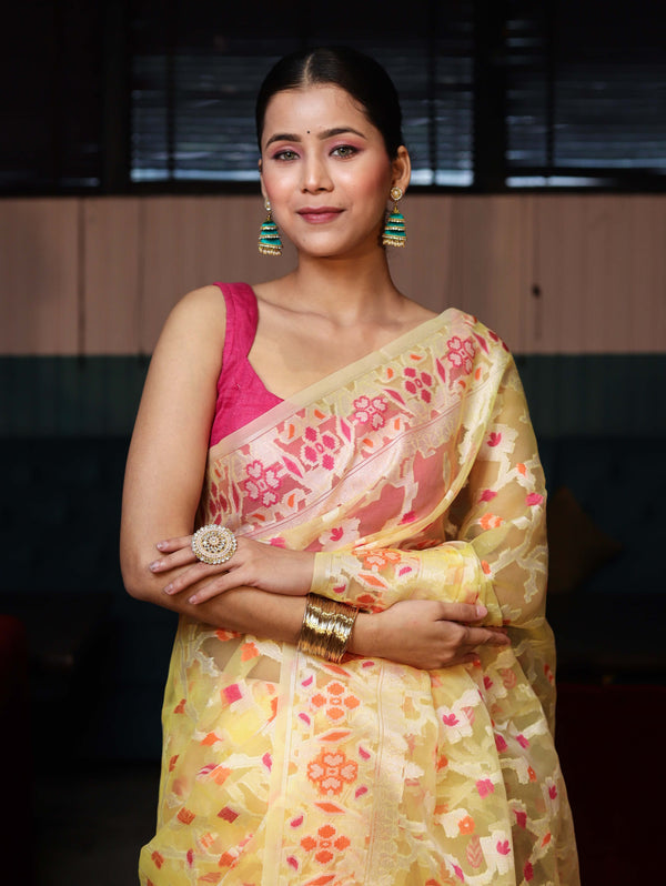 Banarasee Organza Mix Saree With Zari Jaal Design-Yellow