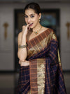 Banarasee Handloom Semi Silk Saree With Checks Pattern & Contrast Border-Violet & Brown