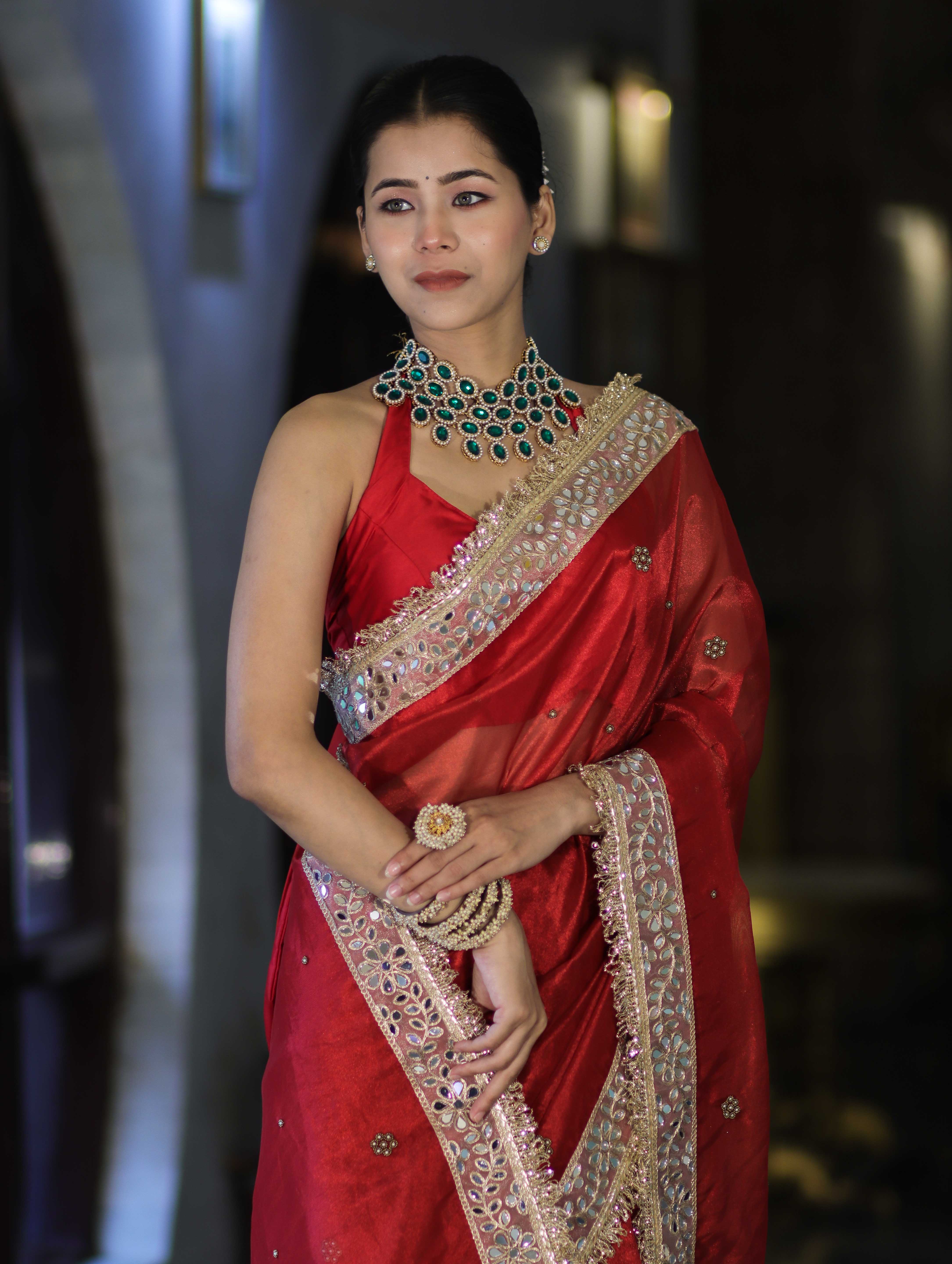 Banarasee Tissue Saree With Handwoven Motifs & Mirror Work Lace-Deep Red