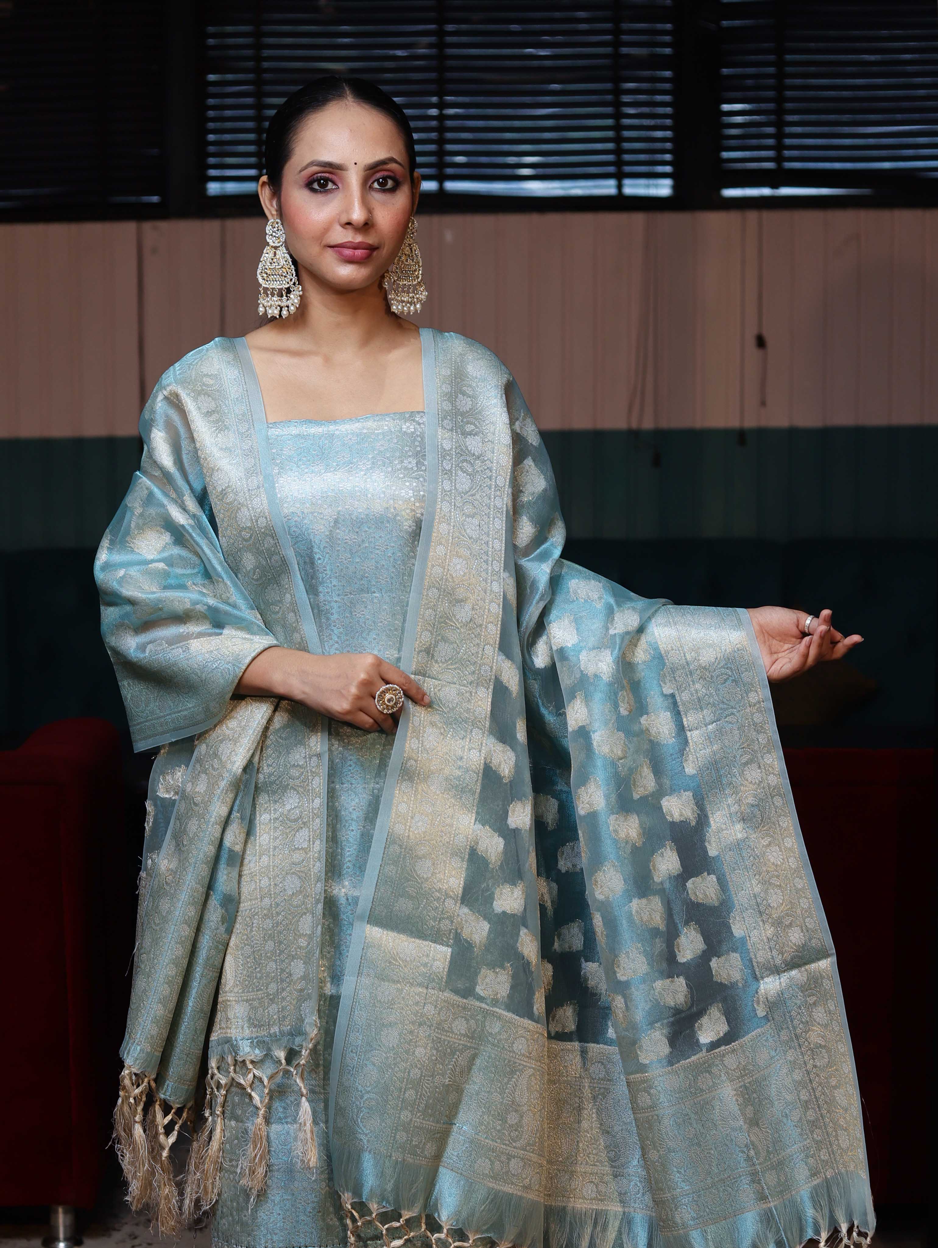 Banarasee Tissue Zari Weaving Salwar Kameez Fabric With Dupatta Set-Sky Blue