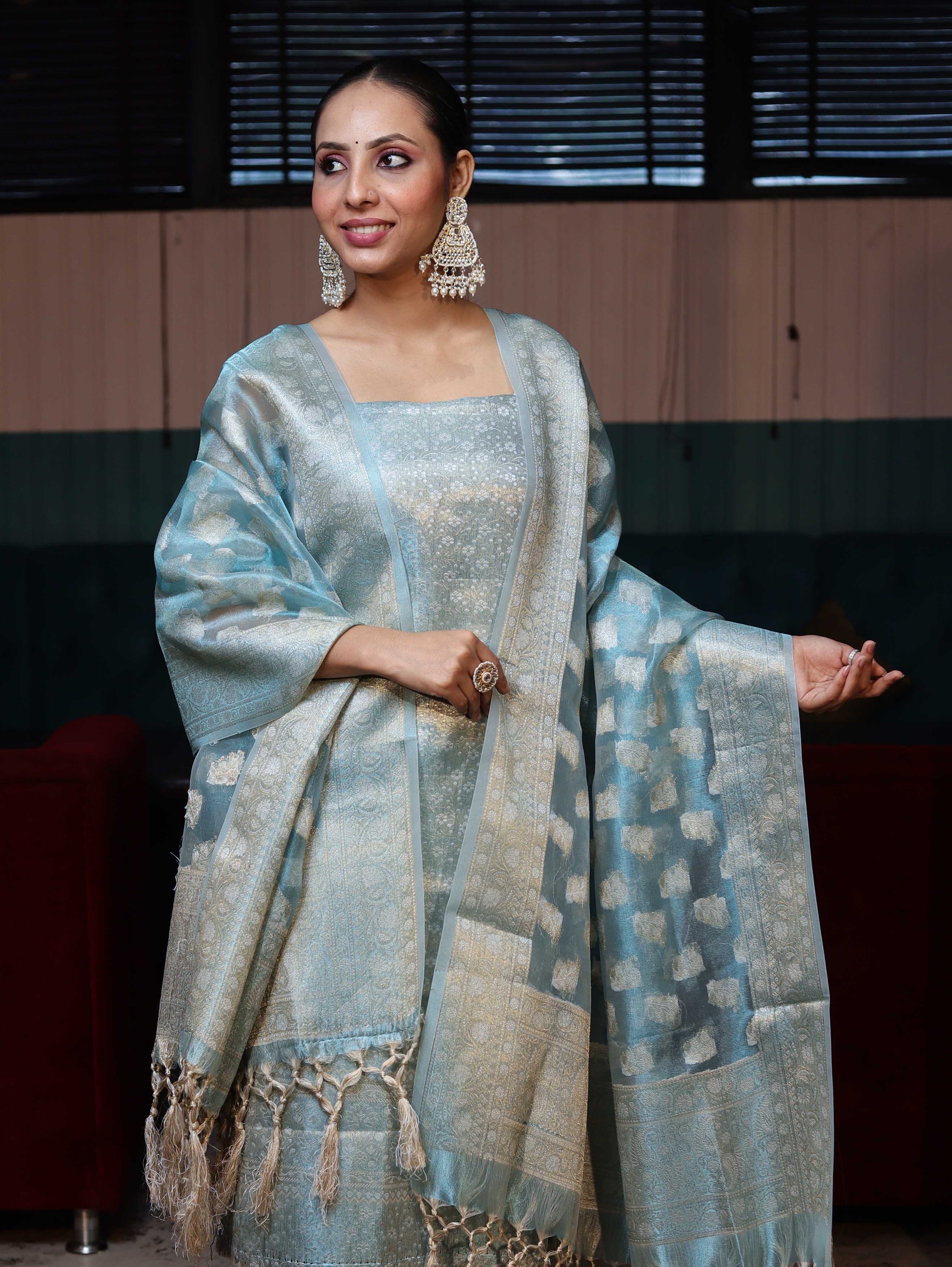 Banarasee Tissue Zari Weaving Salwar Kameez Fabric With Dupatta Set-Sky Blue