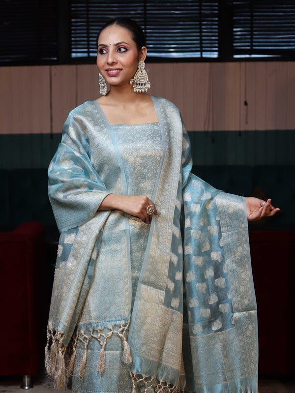 Banarasee Tissue Zari Weaving Salwar Kameez Fabric With Dupatta Set-Sky Blue