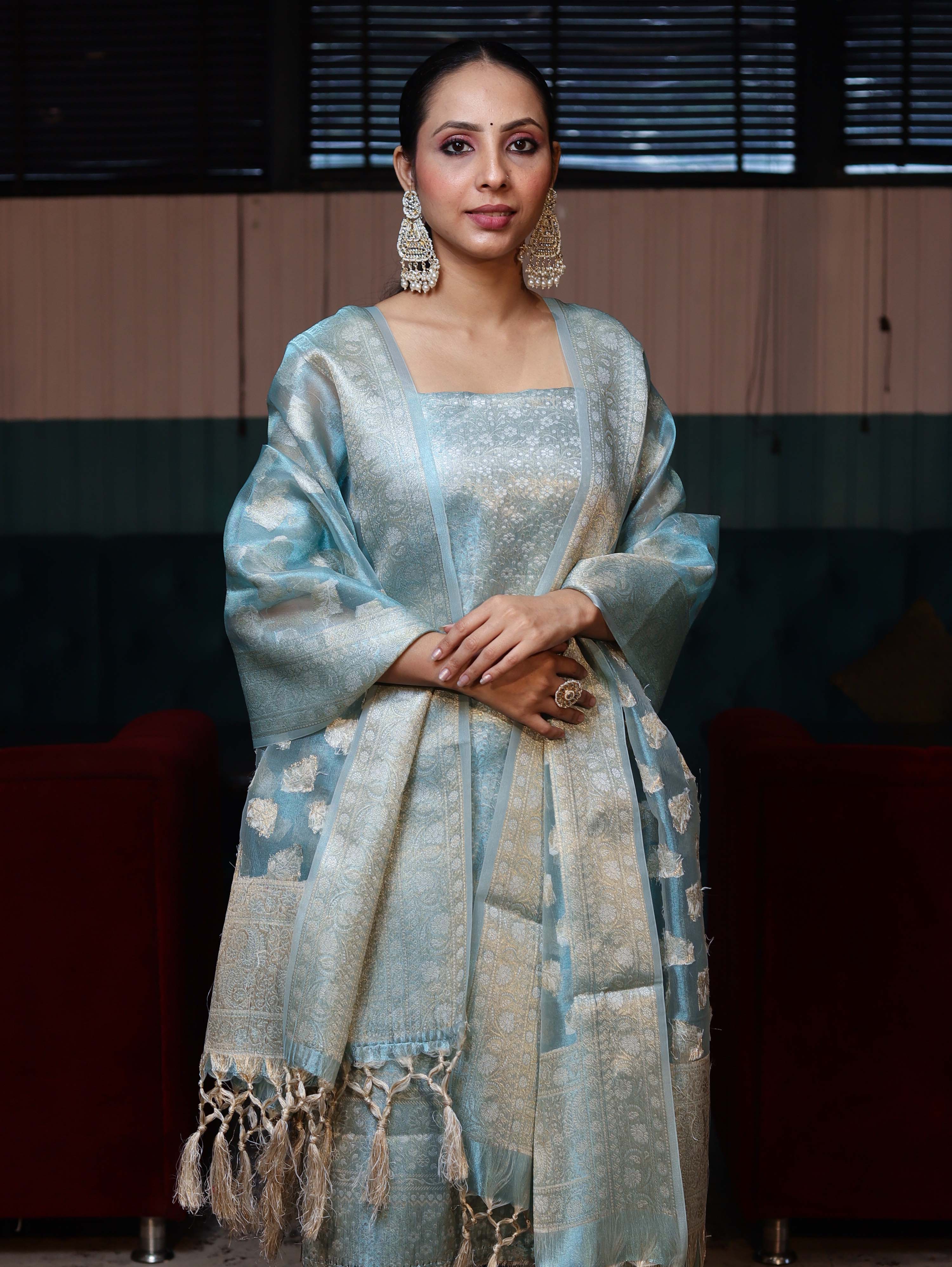 Banarasee Tissue Zari Weaving Salwar Kameez Fabric With Dupatta Set-Sky Blue