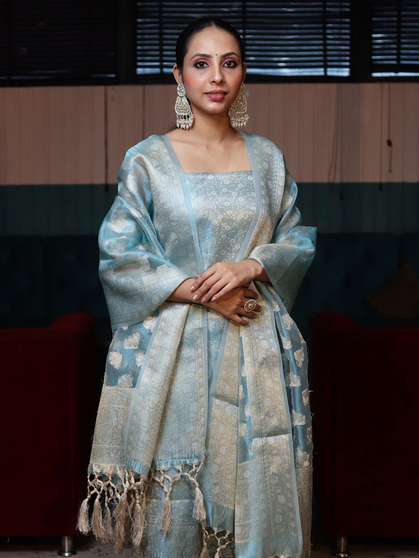 Banarasee Tissue Zari Weaving Salwar Kameez Fabric With Dupatta Set-Sky Blue
