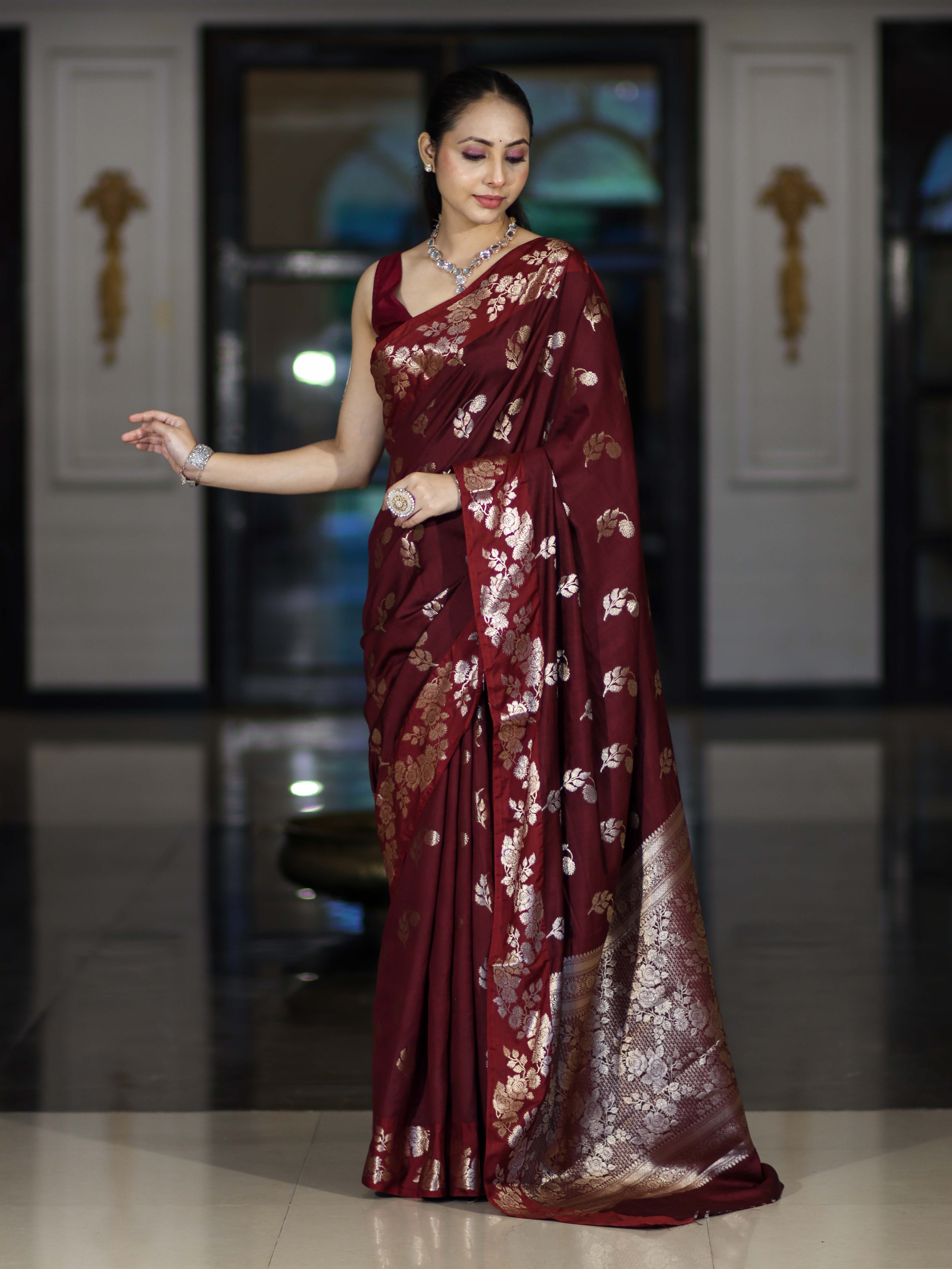 Banarasee Handloom Pure Chiniya Silk Saree With Zari Work-Burgundy