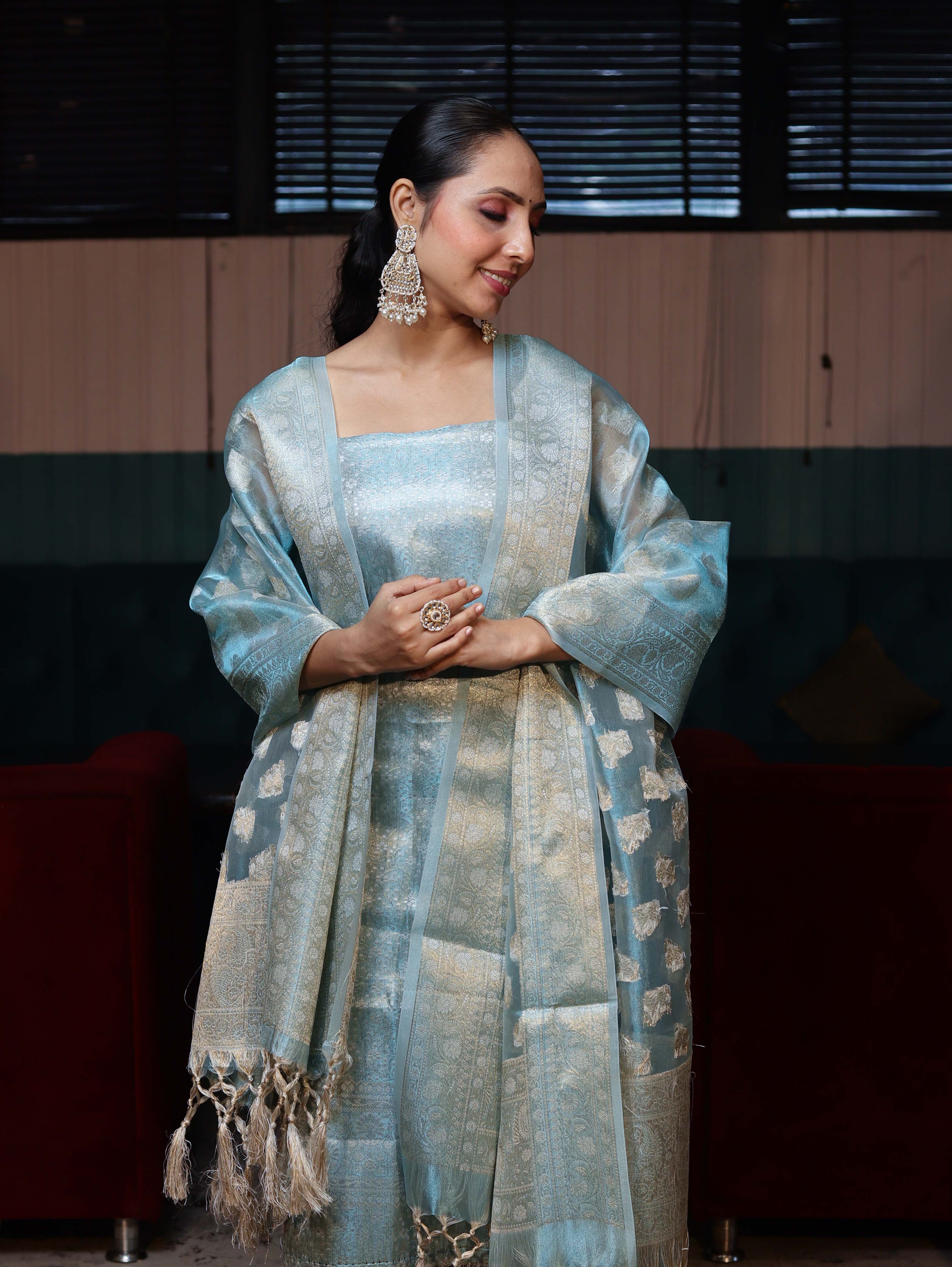 Banarasee Tissue Zari Weaving Salwar Kameez Fabric With Dupatta Set-Sky Blue