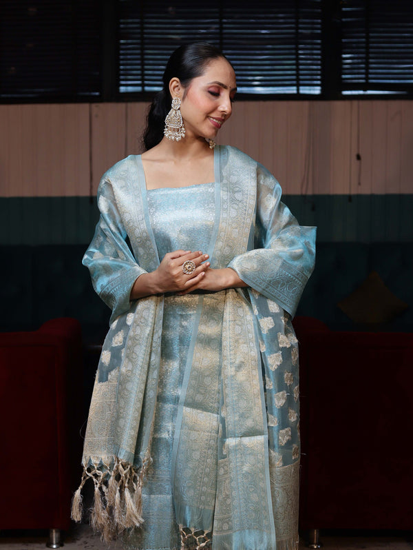 Banarasee Tissue Zari Weaving Salwar Kameez Fabric With Dupatta Set-Sky Blue