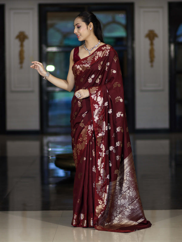 Banarasee Handloom Pure Chiniya Silk Saree With Zari Work-Burgundy