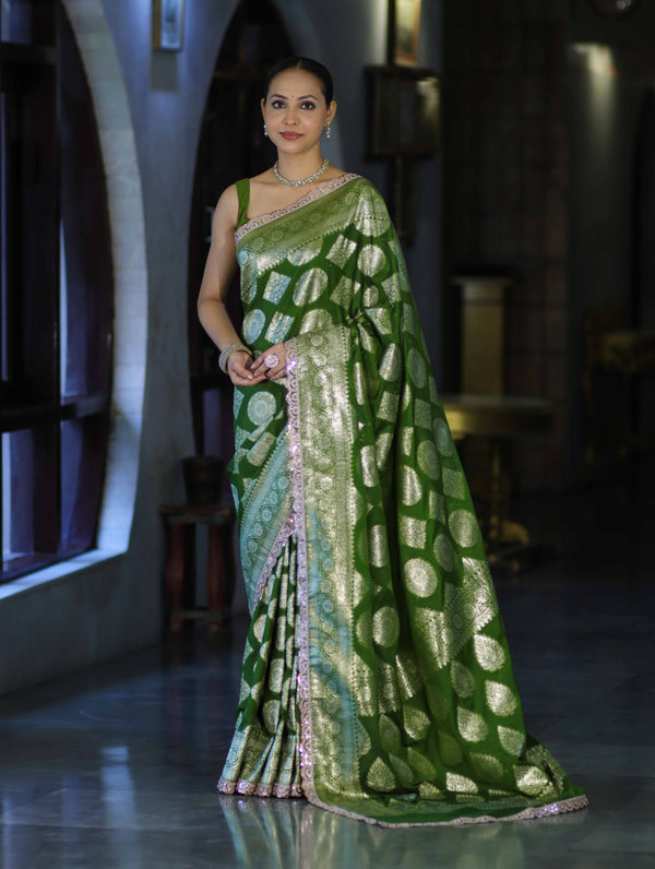 Banarasee Handloom Semi Silk Saree With Buta Design Zari Border & Lace-Green