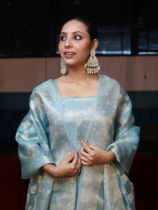 Banarasee Tissue Zari Weaving Salwar Kameez Fabric With Dupatta Set-Sky Blue