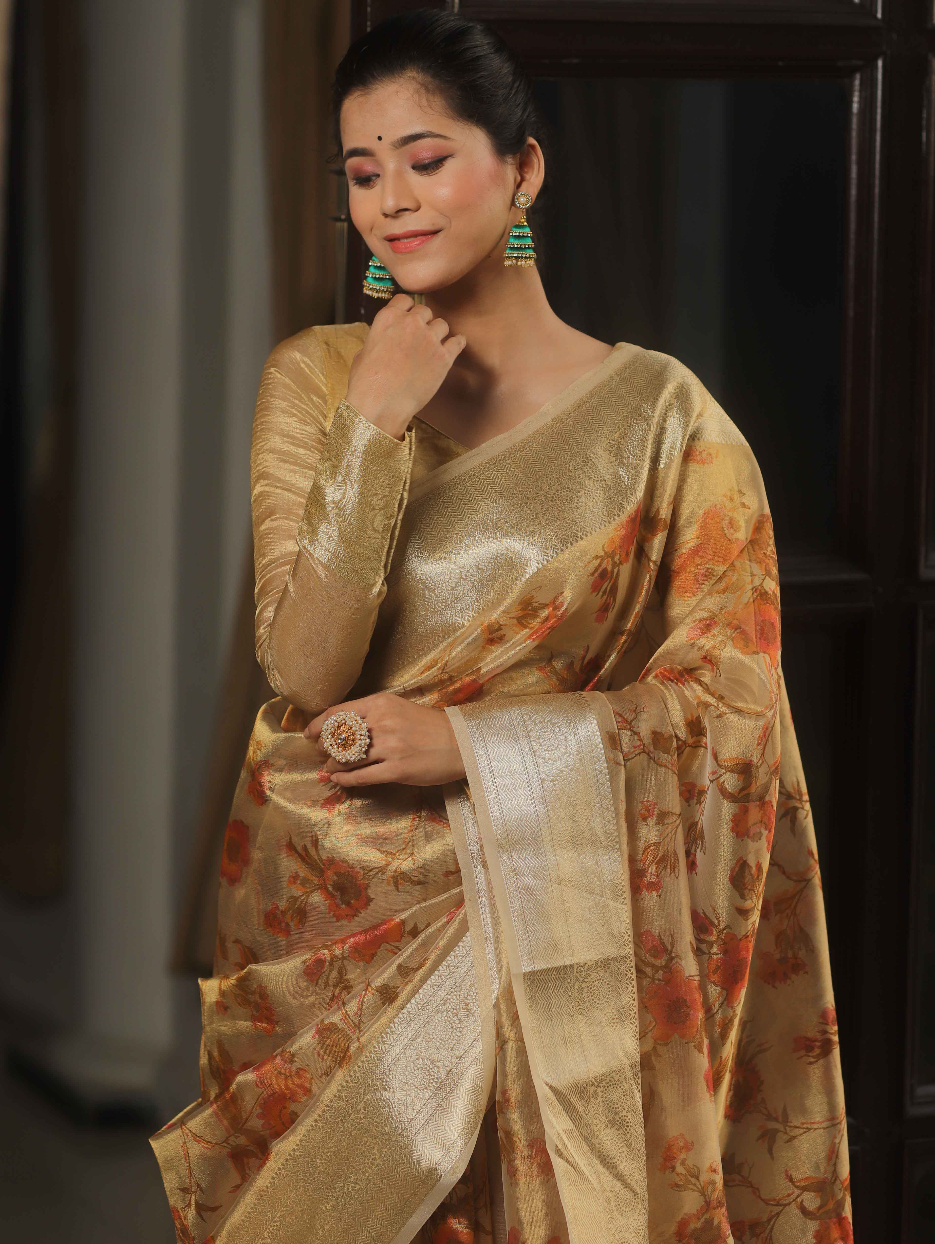 Banarasee Handwoven Tissue Saree With Printed Floral Design-Gold