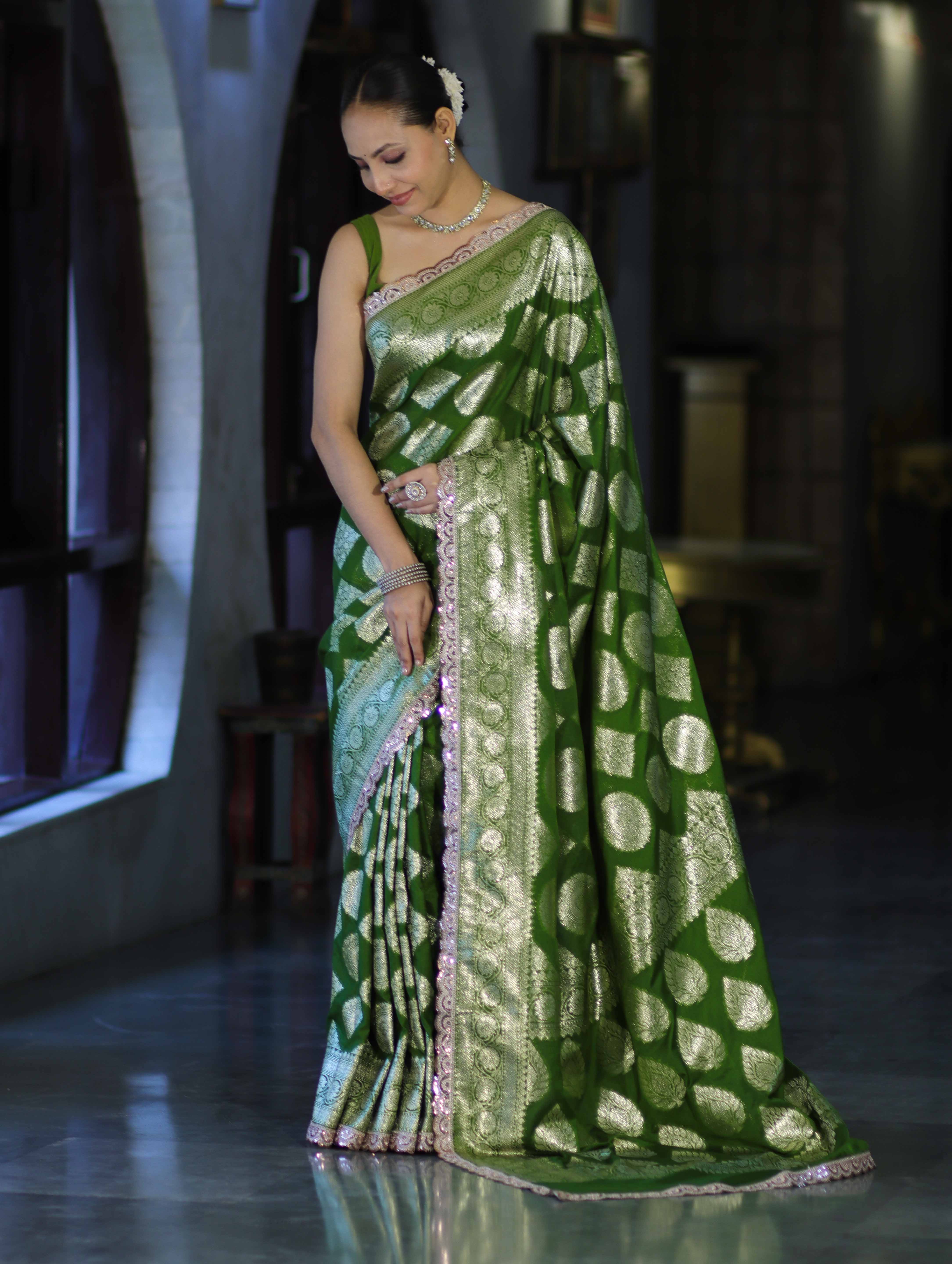 Banarasee Handloom Semi Silk Saree With Buta Design Zari Border & Lace-Green