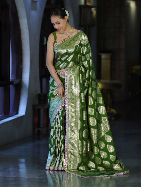 Banarasee Handloom Semi Silk Saree With Buta Design Zari Border & Lace-Green