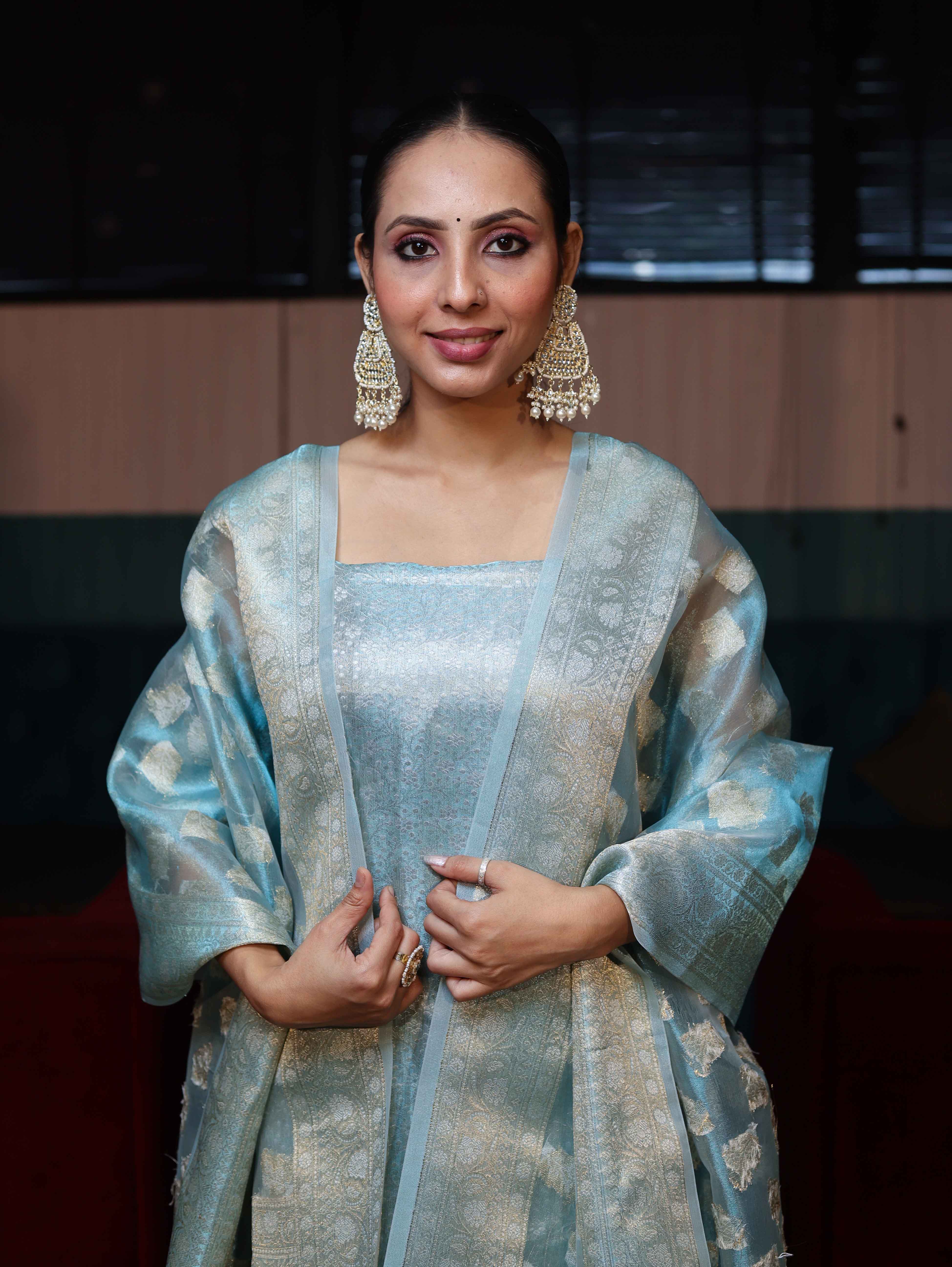 Banarasee Tissue Zari Weaving Salwar Kameez Fabric With Dupatta Set-Sky Blue