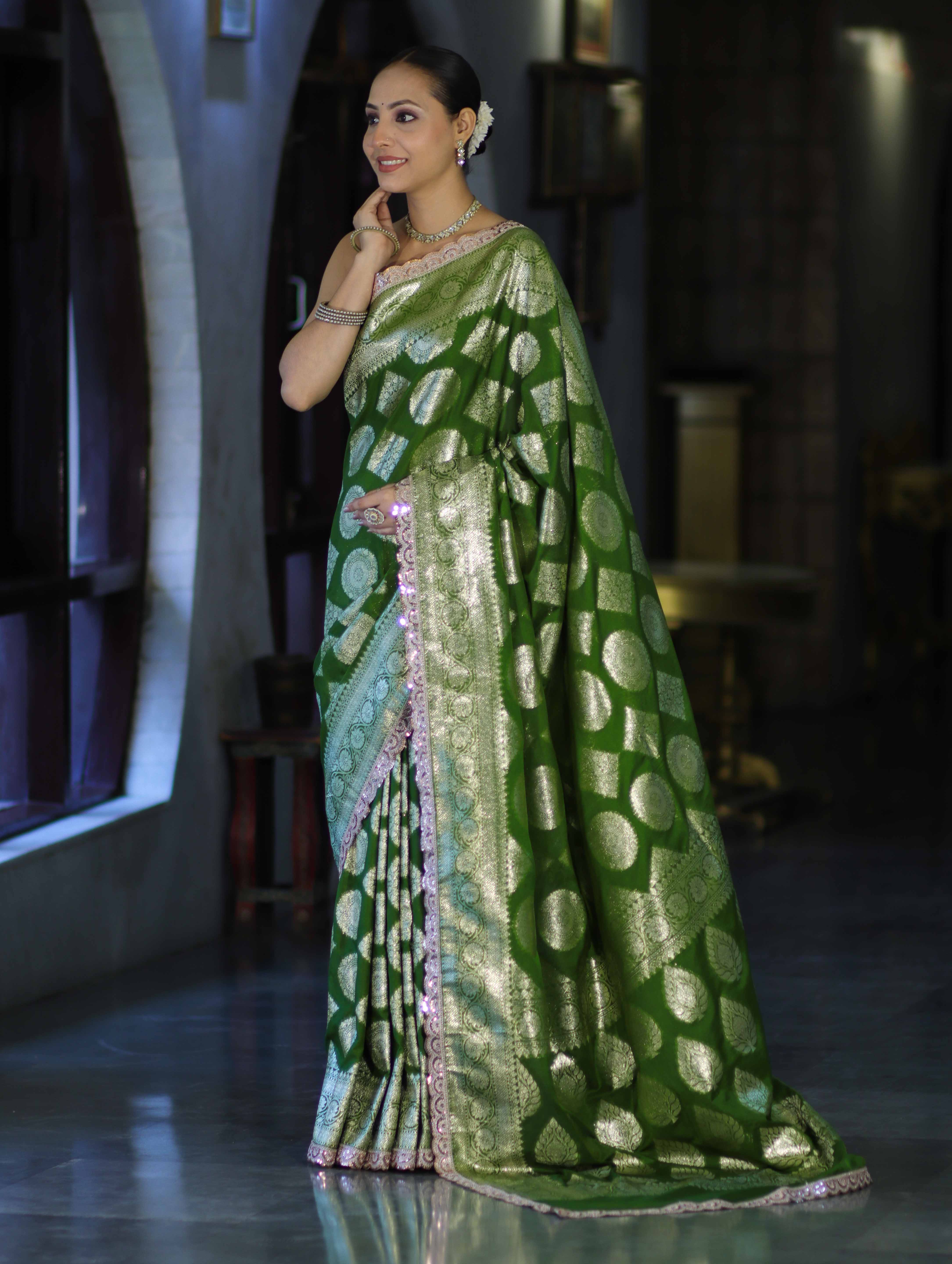 Banarasee Handloom Semi Silk Saree With Buta Design Zari Border & Lace-Green