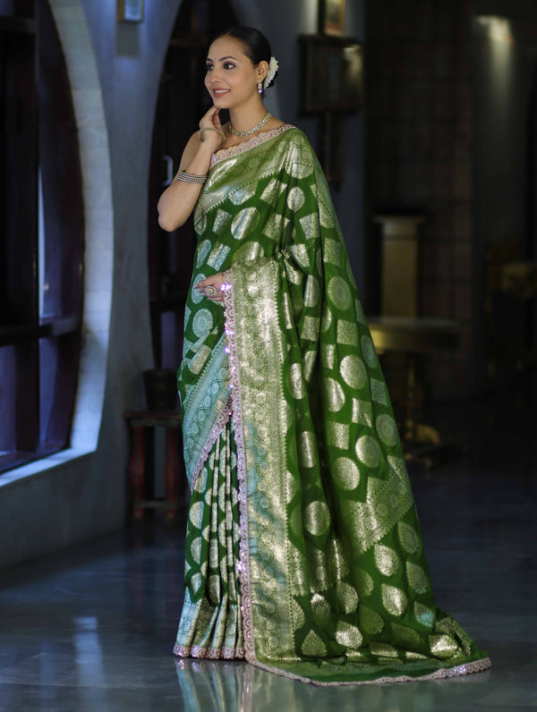Banarasee Handloom Semi Silk Saree With Buta Design Zari Border & Lace-Green