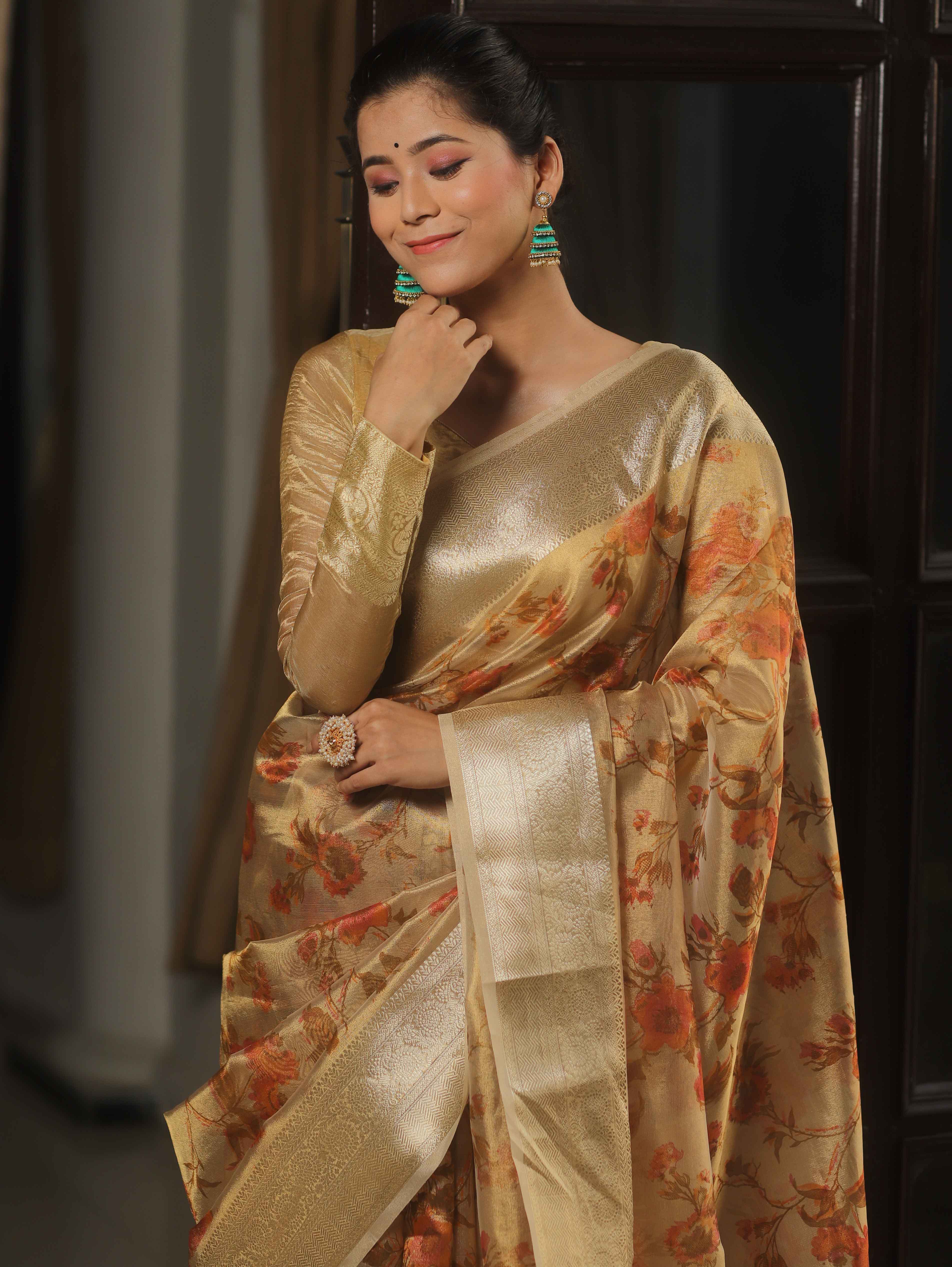 Banarasee Handwoven Tissue Saree With Printed Floral Design-Gold