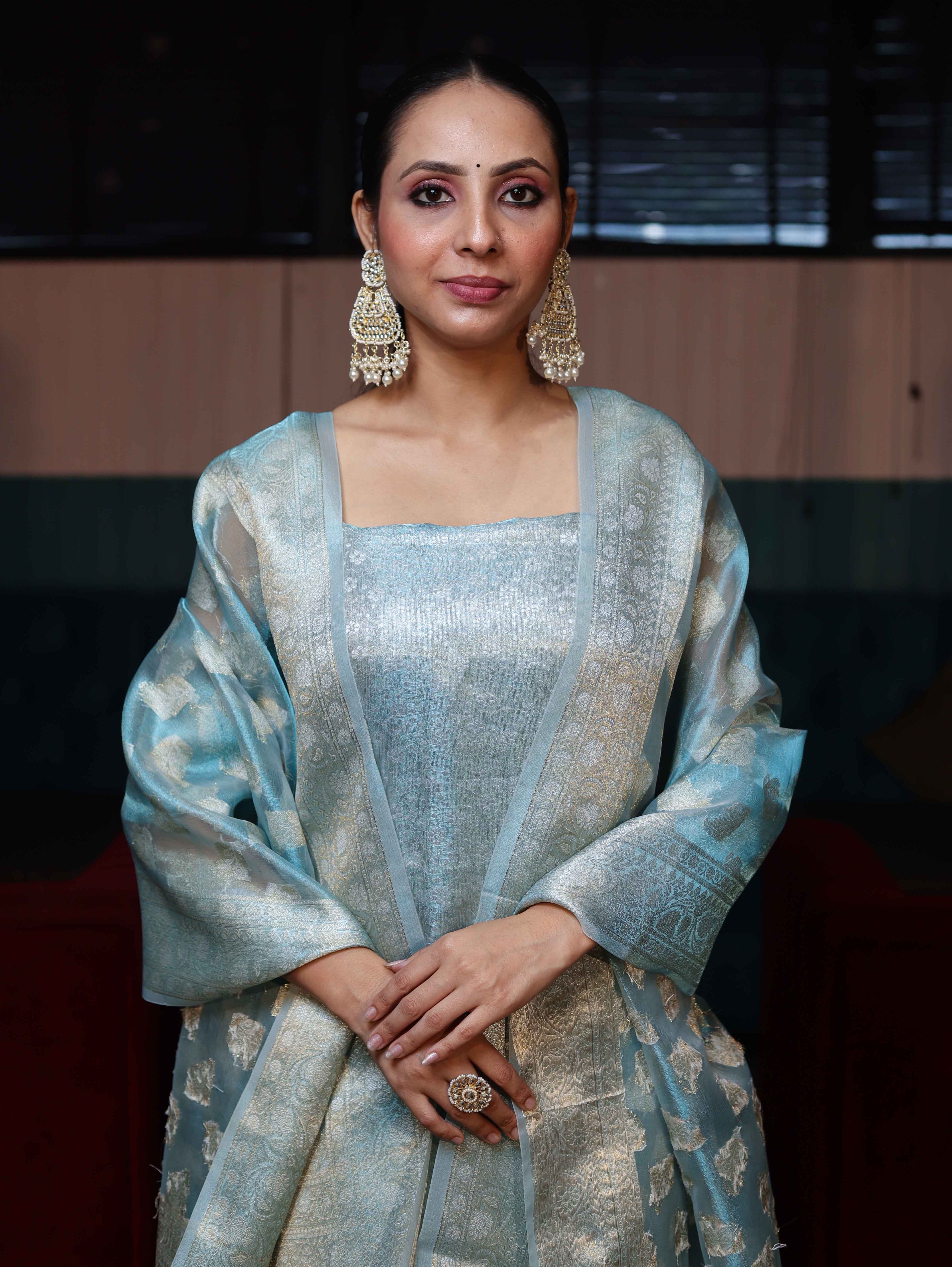 Banarasee Tissue Zari Weaving Salwar Kameez Fabric With Dupatta Set-Sky Blue