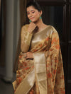 Banarasee Handwoven Tissue Saree With Printed Floral Design-Gold