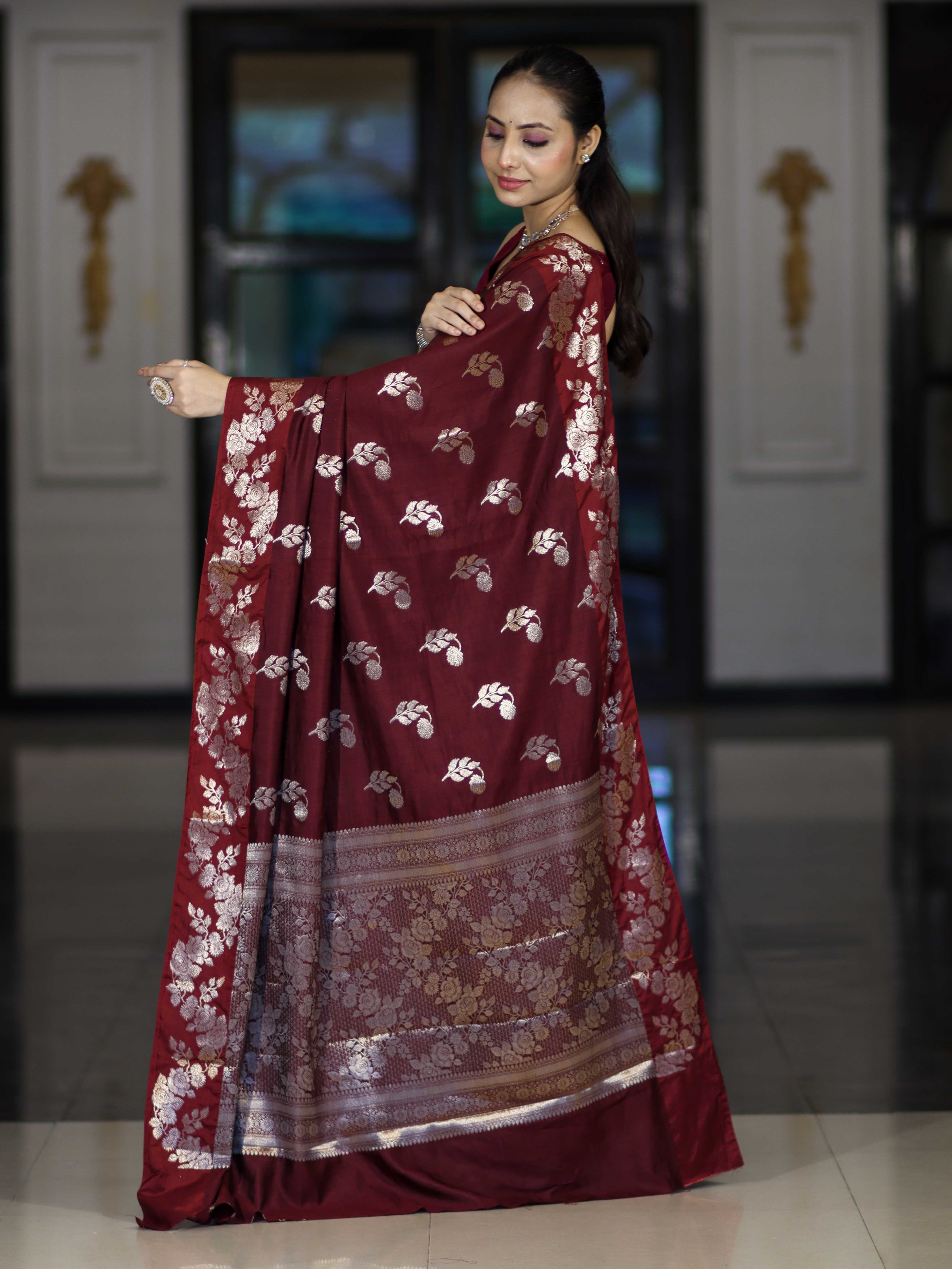 Banarasee Handloom Pure Chiniya Silk Saree With Zari Work-Burgundy