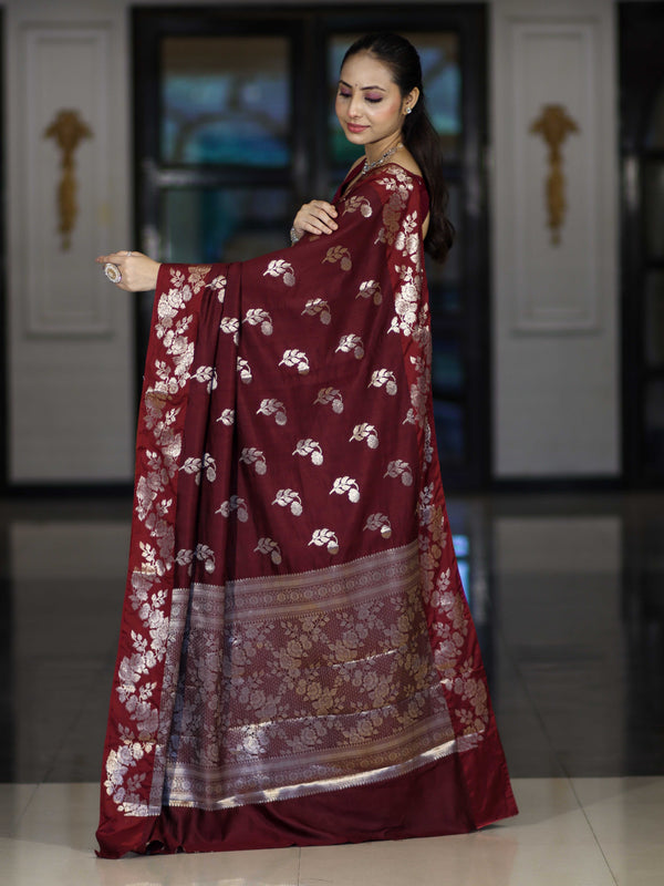 Banarasee Handloom Pure Chiniya Silk Saree With Zari Work-Burgundy