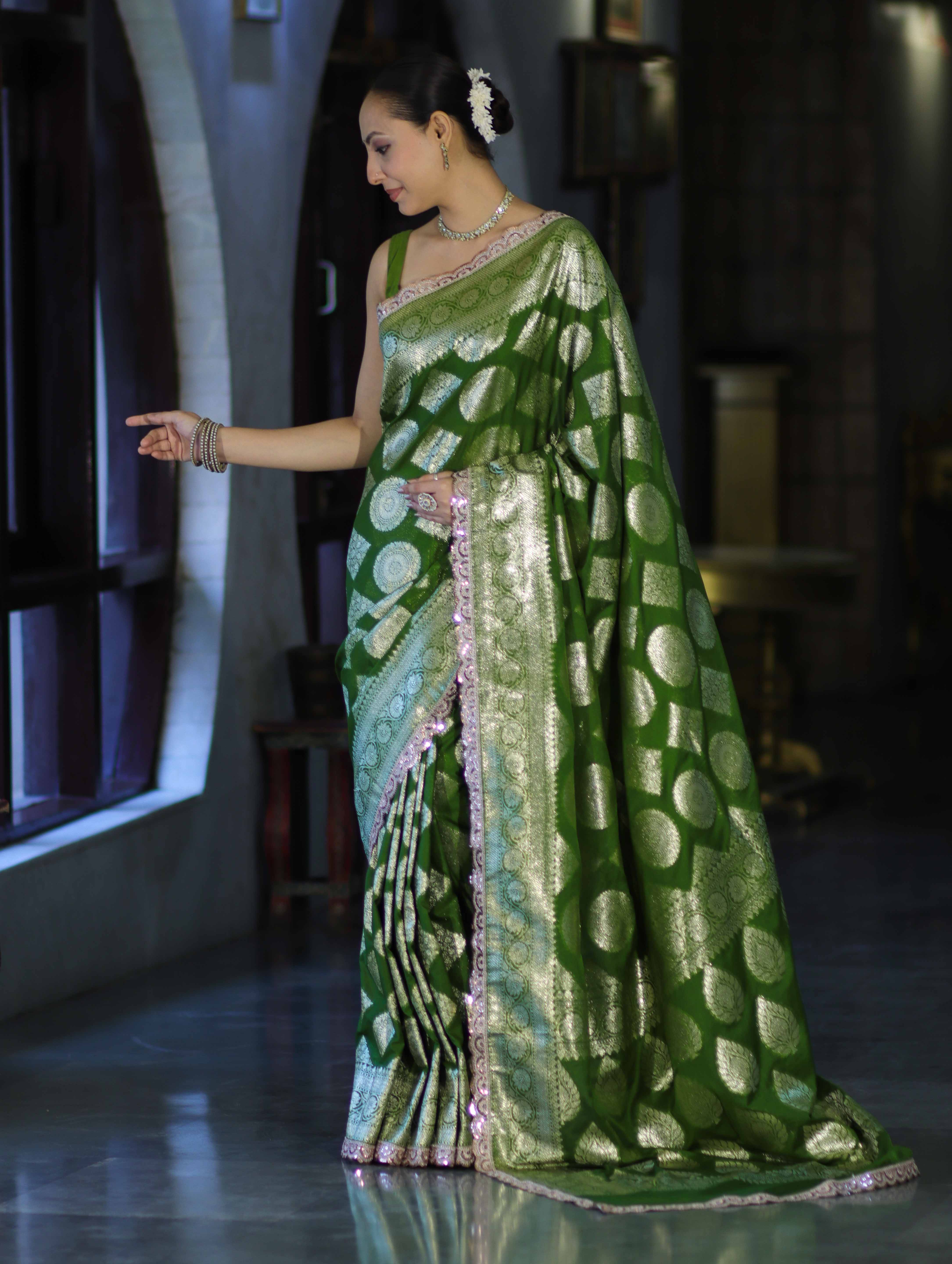 Banarasee Handloom Semi Silk Saree With Buta Design Zari Border & Lace-Green