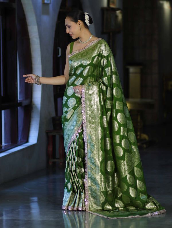 Banarasee Handloom Semi Silk Saree With Buta Design Zari Border & Lace-Green