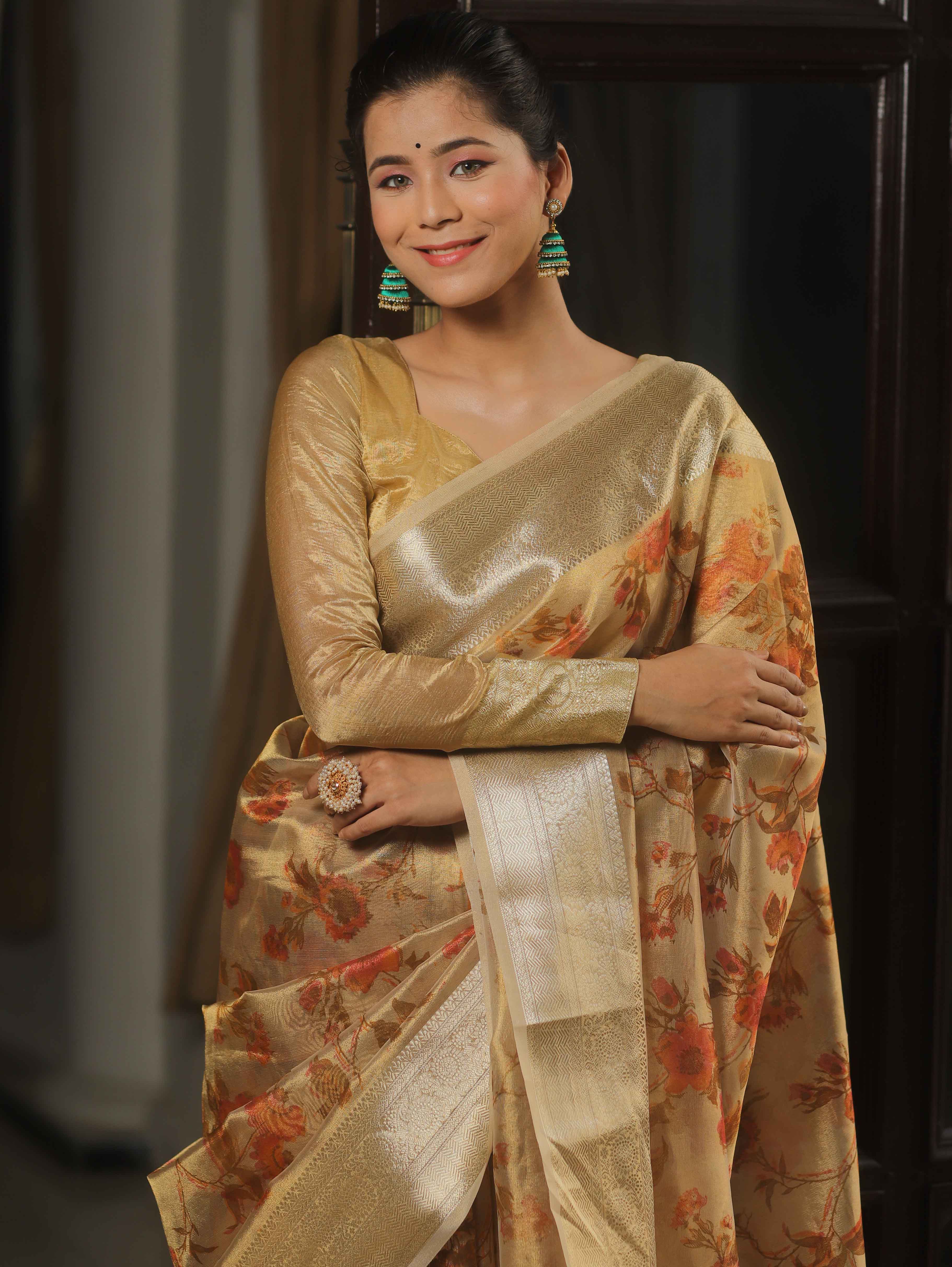Banarasee Handwoven Tissue Saree With Printed Floral Design-Gold