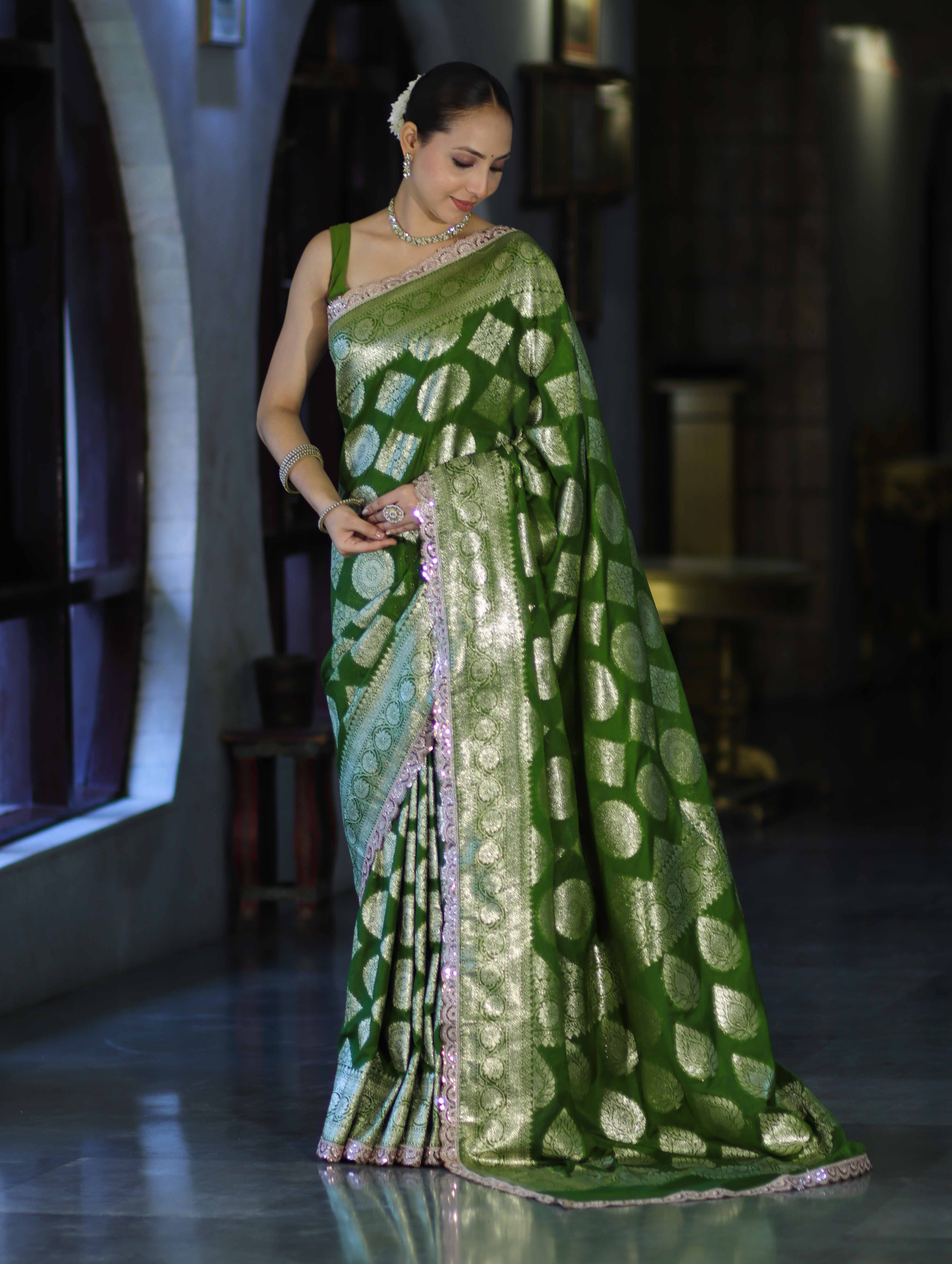 Banarasee Handloom Semi Silk Saree With Buta Design Zari Border & Lace-Green