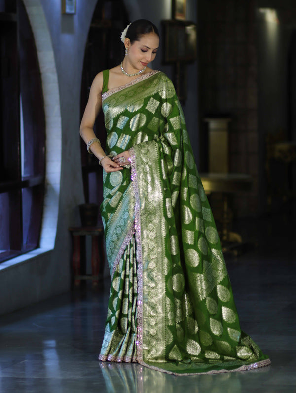 Banarasee Handloom Semi Silk Saree With Buta Design Zari Border & Lace-Green