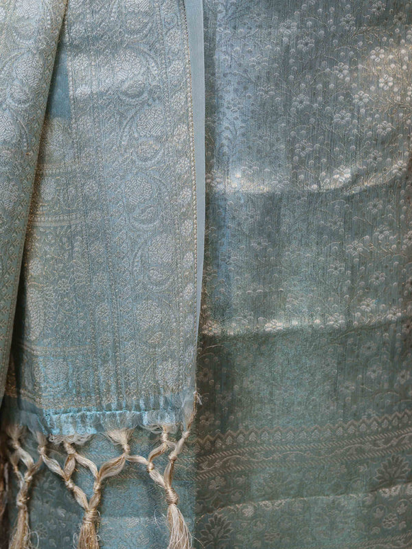 Banarasee Tissue Zari Weaving Salwar Kameez Fabric With Dupatta Set-Sky Blue