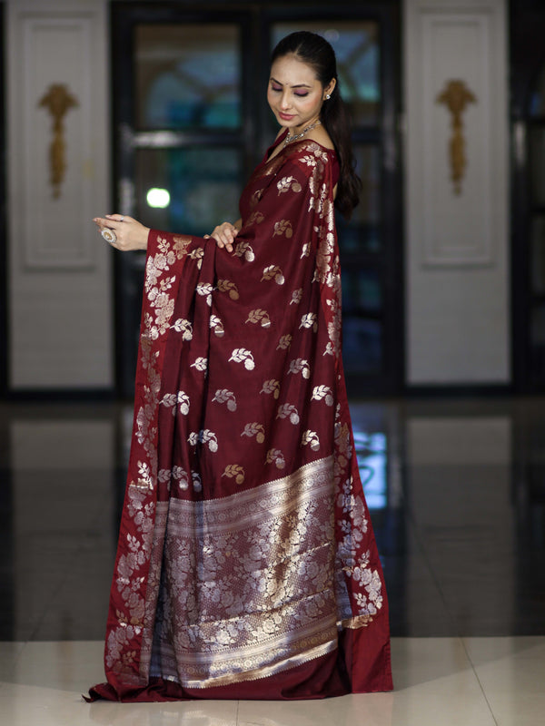Banarasee Handloom Pure Chiniya Silk Saree With Zari Work-Burgundy