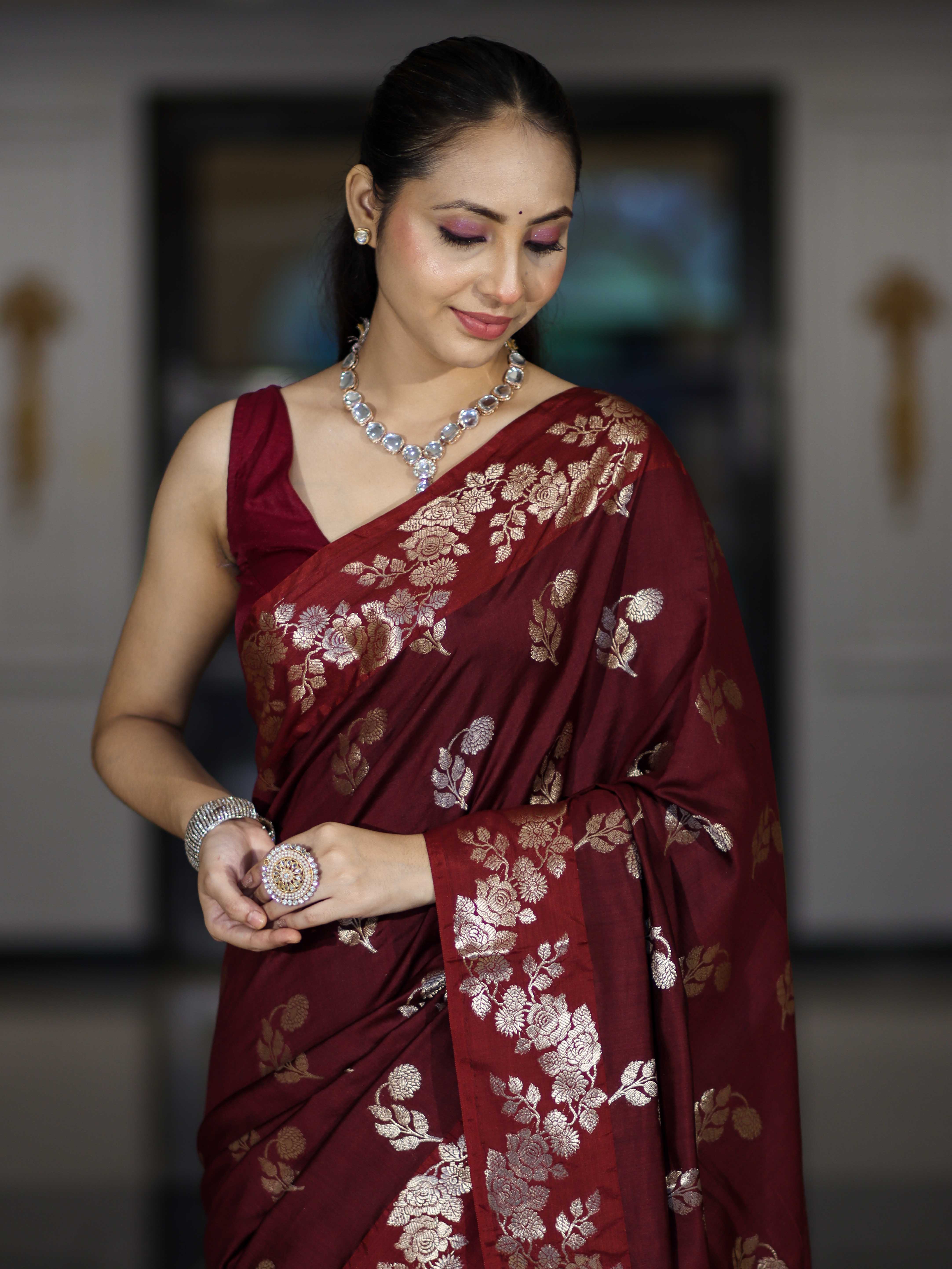 Banarasee Handloom Pure Chiniya Silk Saree With Zari Work-Burgundy