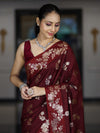 Banarasee Handloom Pure Chiniya Silk Saree With Zari Work-Burgundy