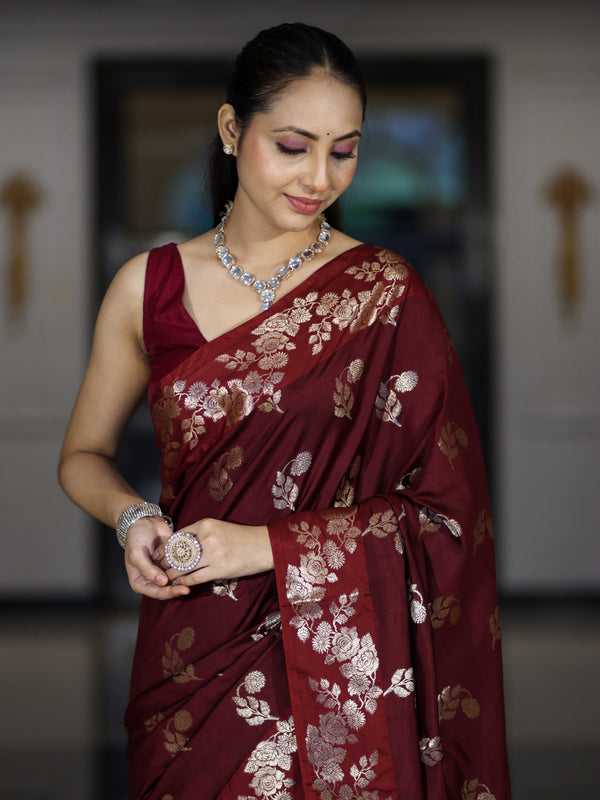 Banarasee Handloom Pure Chiniya Silk Saree With Zari Work-Burgundy