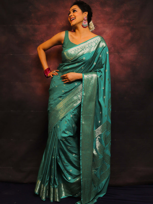 Banarasee Handwoven Semi-Chiffon Saree With Zari Work-Teal Blue