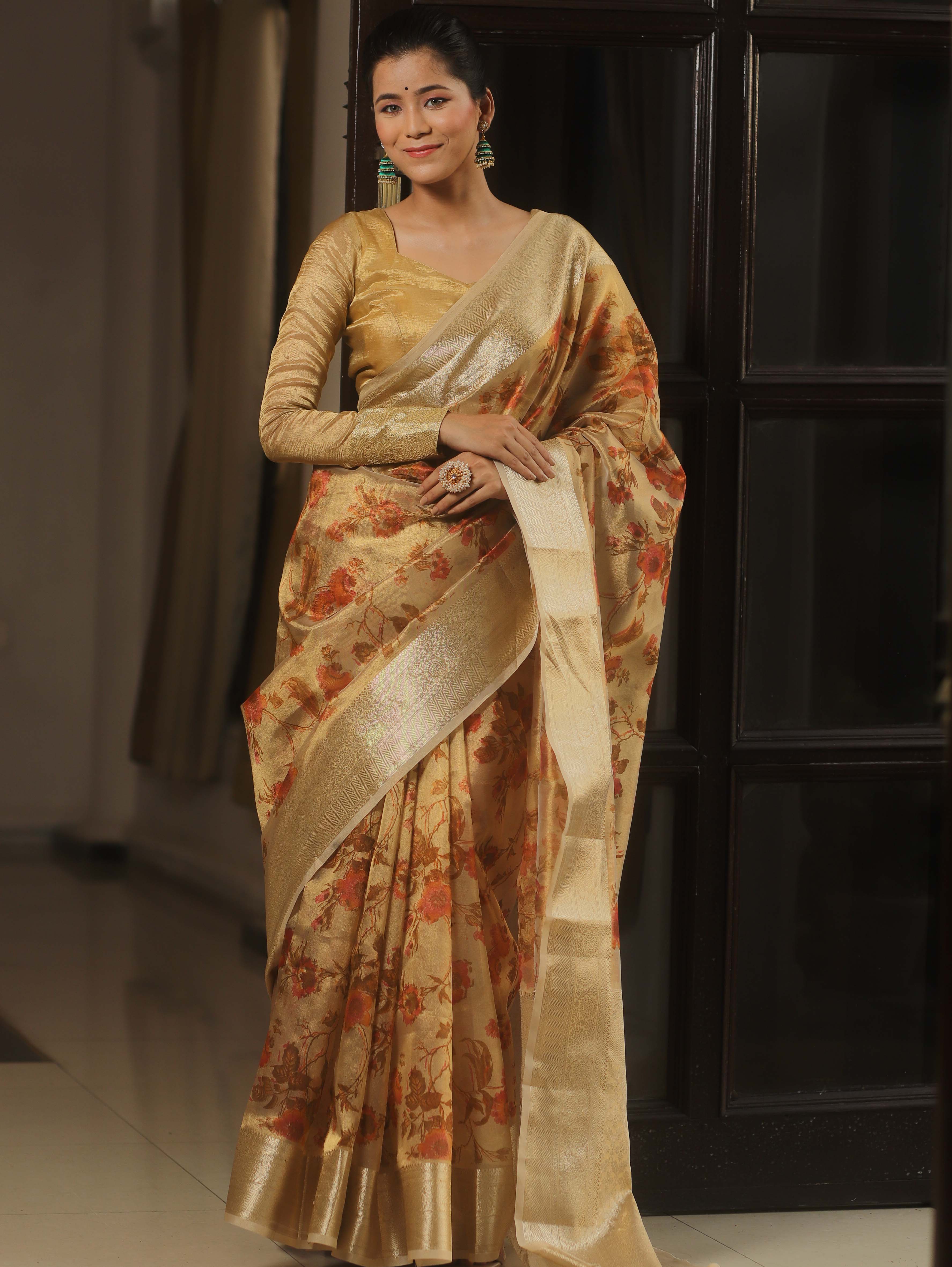 Banarasee Handwoven Tissue Saree With Printed Floral Design-Gold