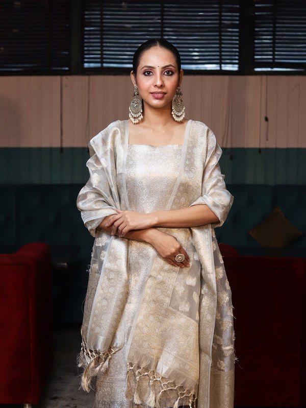 Banarasee Tissue Zari Weaving Salwar Kameez Fabric With Dupatta Set-Silver